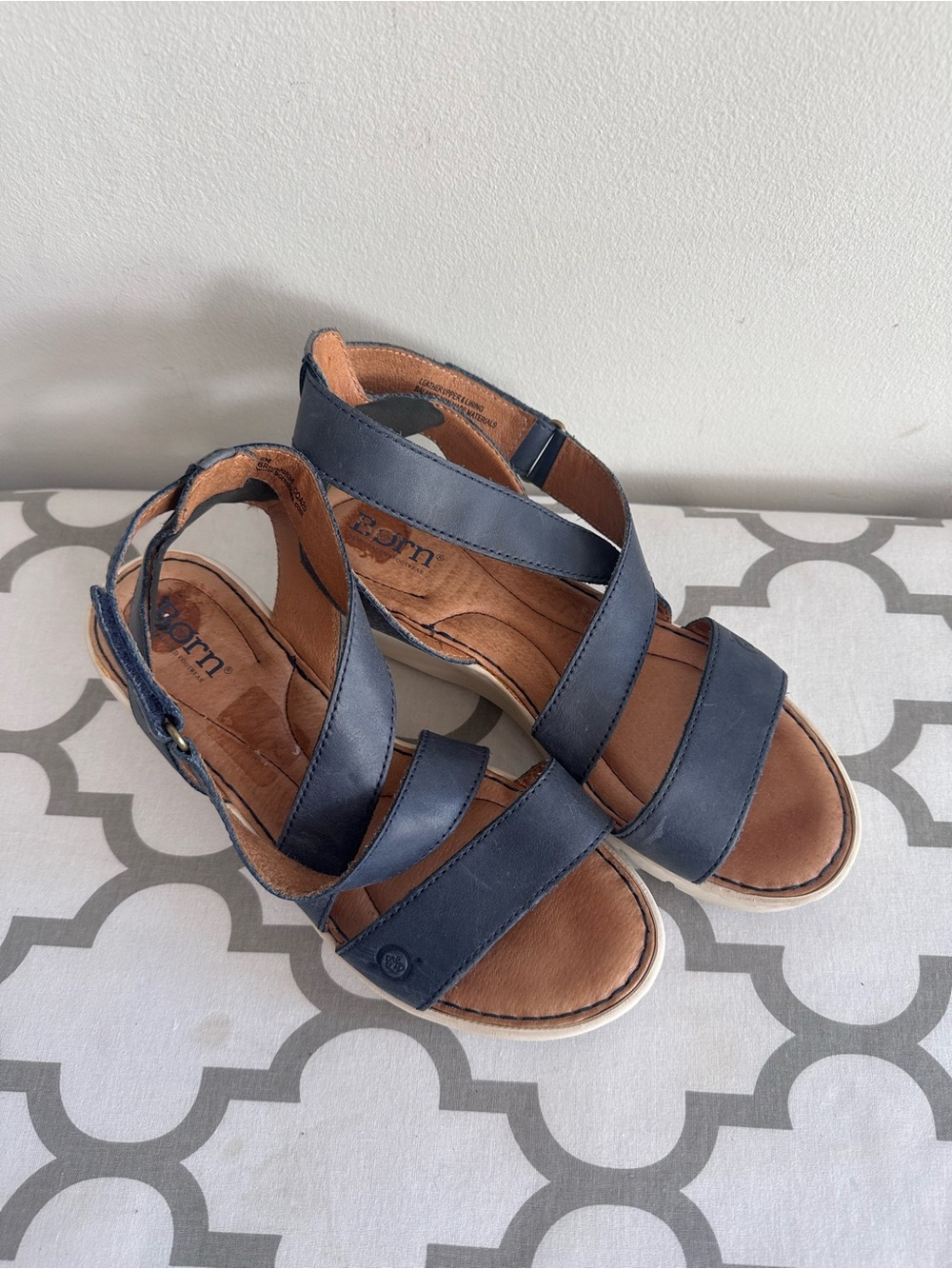 Born Navy Leather Crisscross Wedge Sandals
